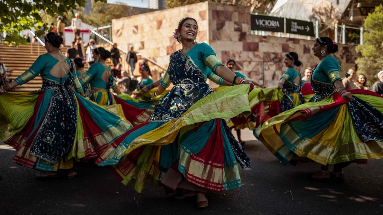 Traditional Indian dancers perform a vibrant and colourful routine during the Diwali celebrations at Melbourne’s Federation Square on October 26, 2024. Picture: NewsWire/Tamati Smith.