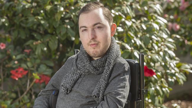 Chris Kessaris has suffered from spinal muscular atrophy type 2 since birth and is fighting for access to a live saving drug that is currently only available to children. Picture: Rob Leeson