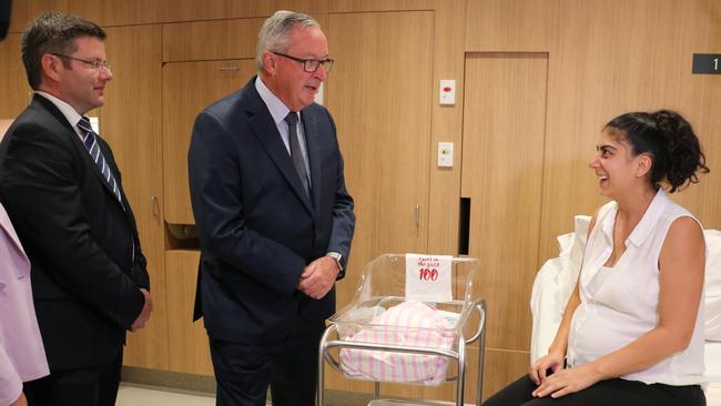 NSW Health Minister Brad Hazzard, Oatley state Liberal MP Mark Coure, and new mother Joanne Elias with baby Natalie at St George Hospital's new birthing unit.