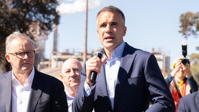 Australian Prime Minister Anthony Albanese and South Australian Premier Peter Malinauskas address the people of Whyalla on Thursday. Picture: NewsWire / Tim Joy