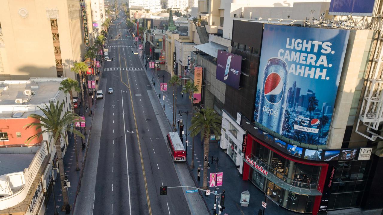 The normally jammed Hollywood Blvd is now empty during morning rush hour. Picture: Robyn Beck/AFP