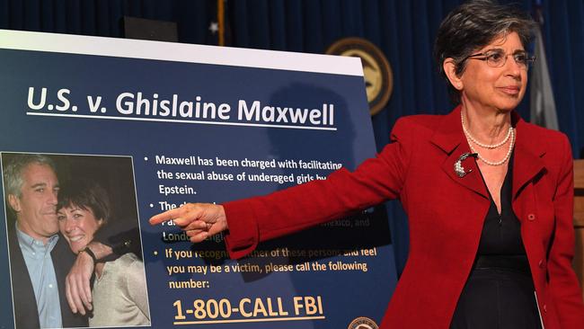 Acting US lawyer for the Southern District of New York, Audrey Strauss, announces charges against Ghislaine Maxwell in 2020. Picture: AFP.