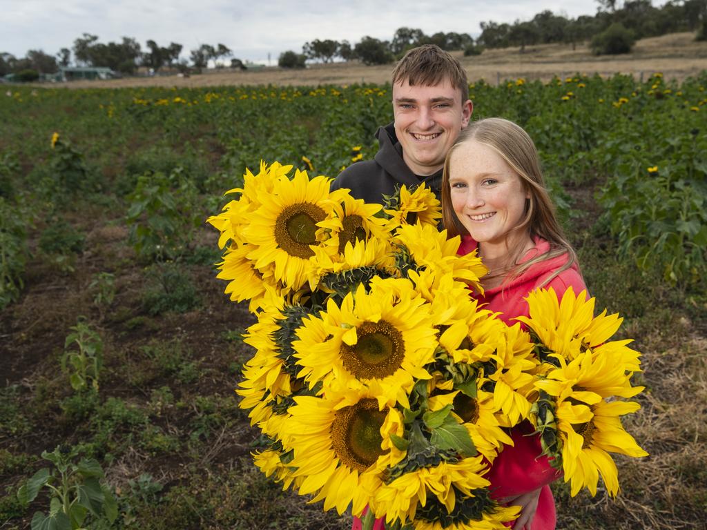 Brisbane visitors James Chisholm and Breanna Fiddyment at Warraba Sunflowers, Saturday, June 22, 2024. Picture: Kevin Farmer