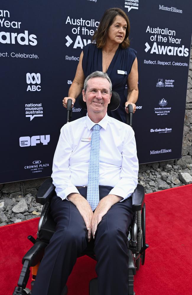 Neale Daniher AO, from Victoria arrives at the 2025 Australian of the Year Awards at the National Arboretum in Canberra Picture: NewsWire / Martin Ollman