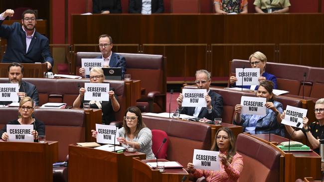 The Australian Greens call for a Ceasefire in Gaza after Question Time in the Senate at Parliament House in Canberra. Picture: NCA NewsWire / Martin Ollman