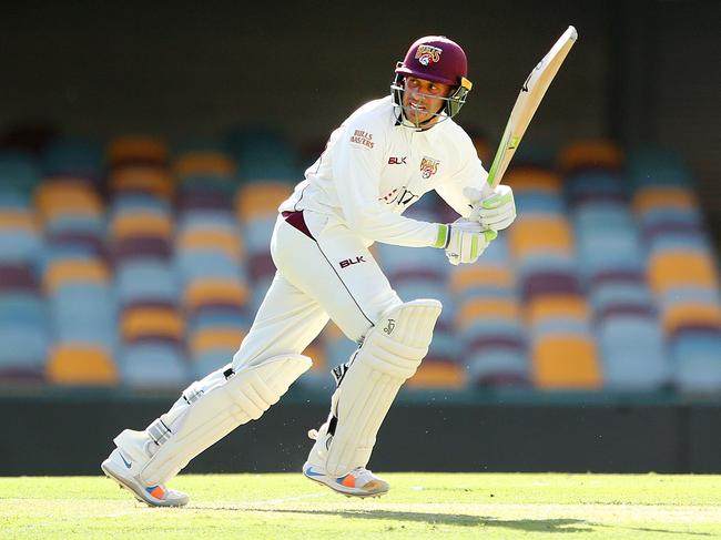 Usman Khawaja plays a shot during day the Round 5 JLT Sheffield Shield match between Queensland and Victoria at The Gabba. Picture: AAP Image