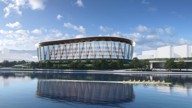 Artists’ impression of the proposed multi-purpose indoor arena, in the Adelaide Riverbank. Picture: Supplied