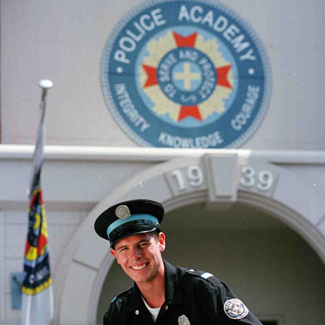 Darrell Walshe 19 in his new role as a stuntman on the Police Academy set at Movie World.