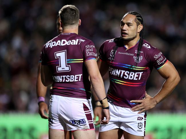 Martin Taupau talks to Reuben Garrick during the match. Picture: Getty Images