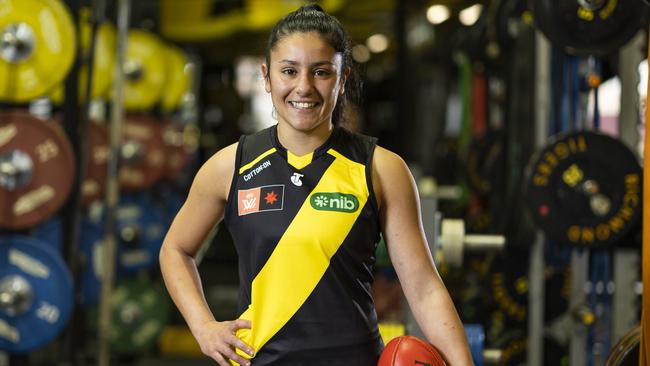 Emelia Yassir is one of Richmond's brightest young AFLW stars. The daughter of Lebanese immigrants now works at the Bachar Houli Foundation at the club. Picture: Aaron Francis / Herald Sun.