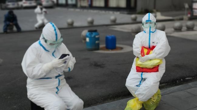 Guards resembling chickens keep watch in full hazmat suit. Picture: Simon Carter