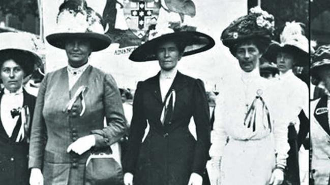 Margaret Fisher, front left, wife of then Australian PM Andrew Fisher, Emily McGowen, wife of the NSW premier, and Vida Goldstein at the great suffragette demonstration in London, 1911. Picture: Alamy