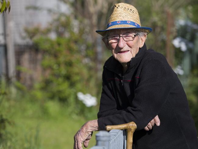 Ted Wale, at age 105, when he still lived at home and mowed his own lawn.