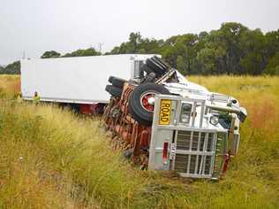 NO INJURIES: The beer truck veered of the Warrego Highway 5km west of Chinchilla on Tuesday night. Picture: Brooke Duncan