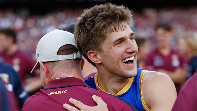 MELBOURNE, AUSTRALIA - SEPTEMBER 28: Zac Bailey of the Lions celebrates during the 2024 AFL Grand Final match between the Sydney Swans and the Brisbane Lions at The Melbourne Cricket Ground on September 28, 2024 in Melbourne, Australia. (Photo by Dylan Burns/AFL Photos via Getty Images)