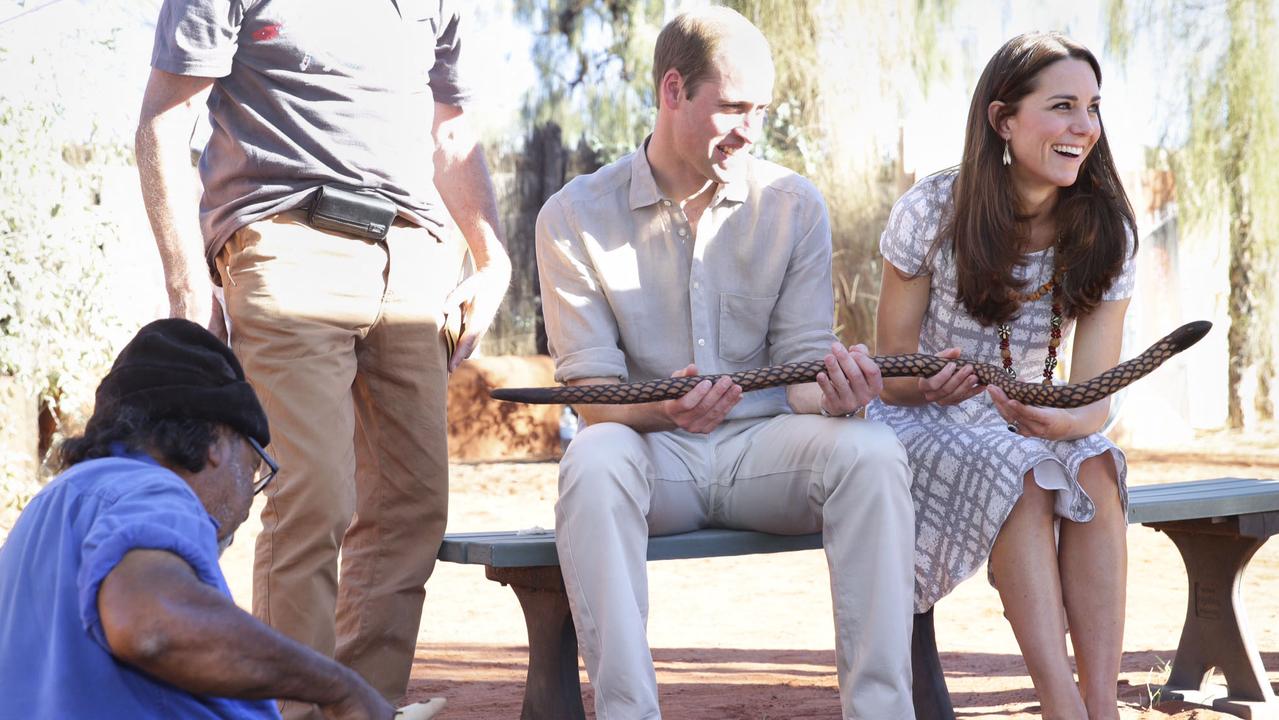 The Duke and Duchess of Cambridge at the Cultural Centre, Uluru-Kata Tjuta National Park in the Northern Territory where they met with artists, viewed a traditional song and dance and a royal Welcome to Country. Picture: Wolter Peeters/Fairfax Media