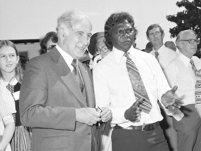 Cowen, Galarrwuy Yunupingu, the then chair of the Northern Land Council, and Lady Anna Cowen attend a ceremony to makr the start of Northen Territory self-government in 1978. Picture: Supplied