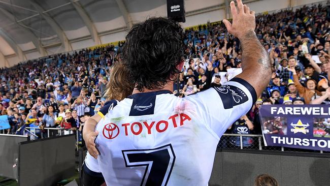 Johnathan Thurston of the Cowboys farewells fans as he celebrates his last NRL match after the round 25 NRL match between the Gold Coast Titans and the North Queensland Cowboys at Cbus Super Stadium. Photo: Getty Images