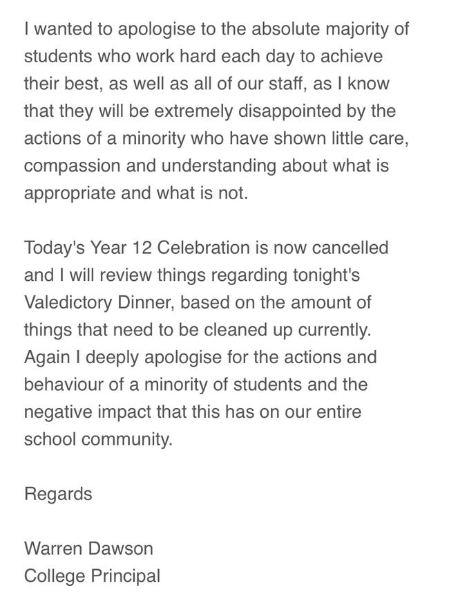 Box Hill principal Warren Dawson has also cancelled the Year 12 Celebration Day.