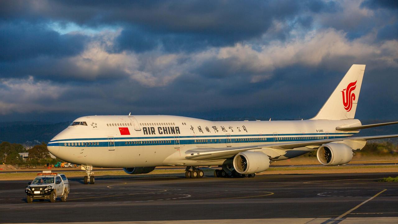 Mr Li’s aeroplane arriving at the airport on Saturday. Picture: Ben Clark / NewsWire