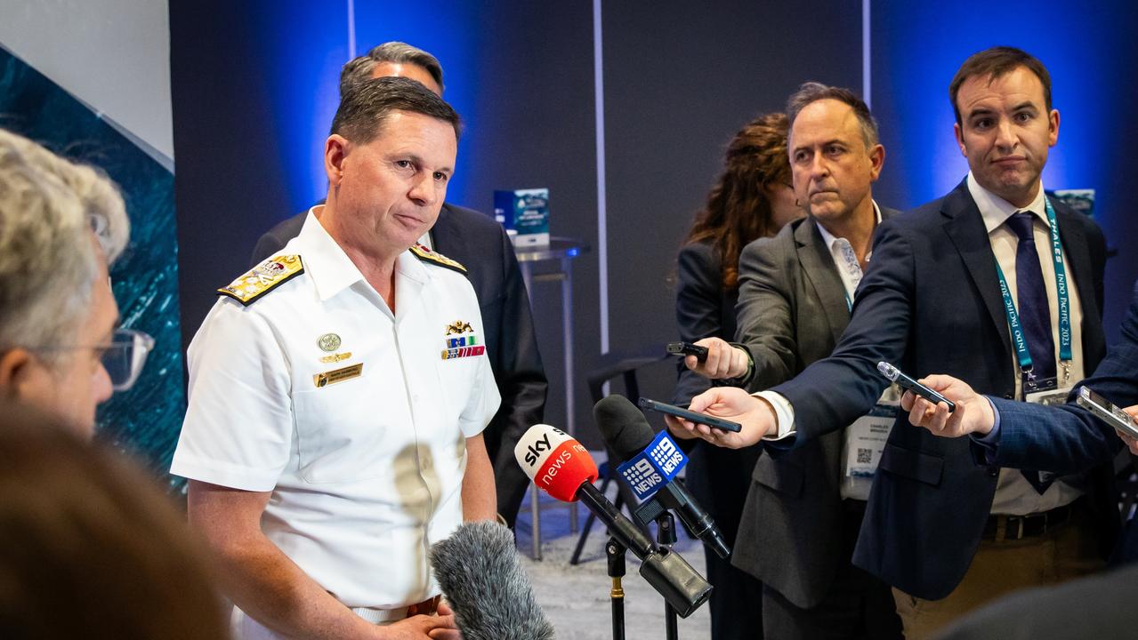 Vice Admiral Mark Hammond speaking at the opening of the Indo Pacific 2023 Maritime Expo, the largest international military trade show ever held in Australia with more than 800 exhibitors of the latest weaponry and technology, and military representatives from more than 40 nations. Picture: Supplied