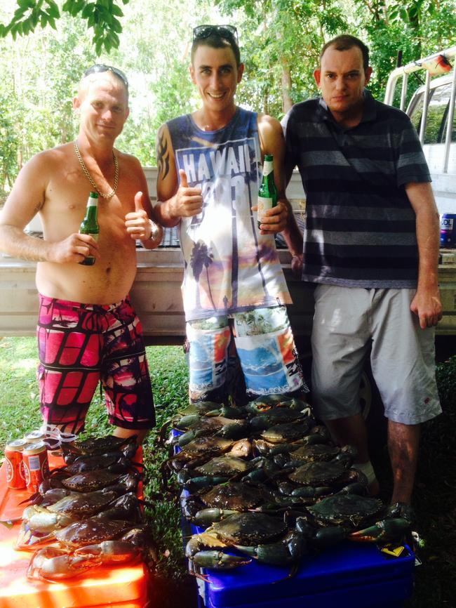 Dennis, Zac and Bozo caught these crabs in Shoal Bay on Easter Friday using McDonald's chicken burgers as bait. Picture: supplied