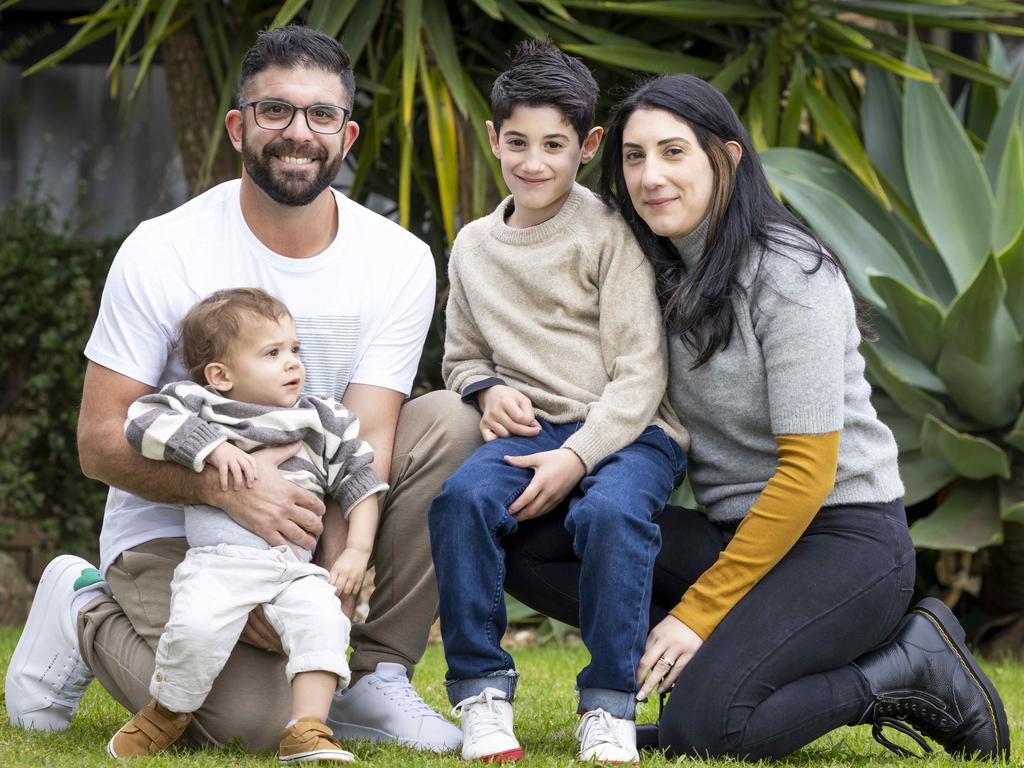 Melbourne’s Carpino family: Andrew holding Valentino, 1, Noah, 7, and Deanna. Picture: Wayne Taylor