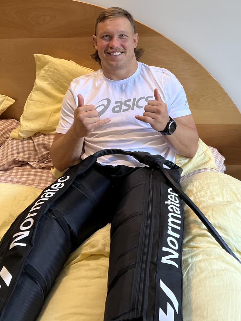 North Queensland Cowboys and Queensland Maroons prop Reuben Cotter using the hi-tech Normatec compression machine. Picture: Supplied