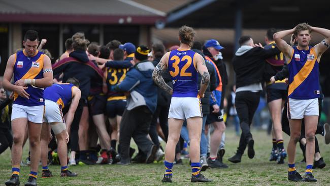 Lilydale players react after the final siren of the 2018 Division 2 grand final loss to Doncaster East. Picture: AAP/James Ross.