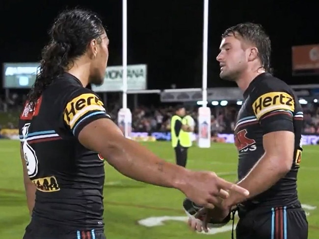 Jarome Luai was seemingly telling Salmon off. Pic: Nine