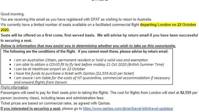 A DFAT letter sent to Australians stuck overseas in Europe on October 20 asking them to apply for a flight home, but they had to get from their locations to Heathrow in 48 hours. A hard task for hundreds of Aussies in place such as Scotland.