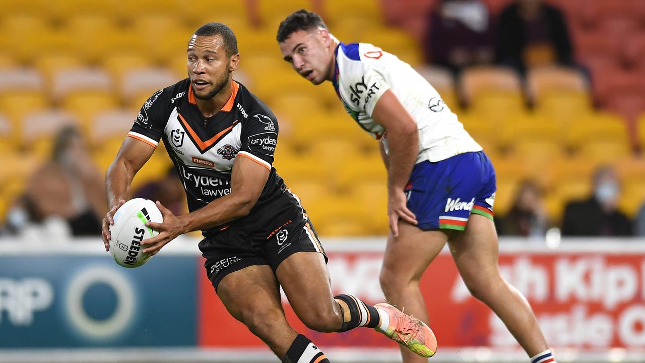 Moses Mbye of the Tigers in action during the round 20 NRL match between the Wests Tigers and the New Zealand Warriors at Suncorp Stadium. Picture: Albert Perez