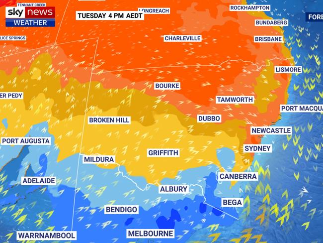 Hot and windy conditions are adding up to a catastrophic fire danger day across eastern parts of New South Wales. Picture; Sky News Weather.