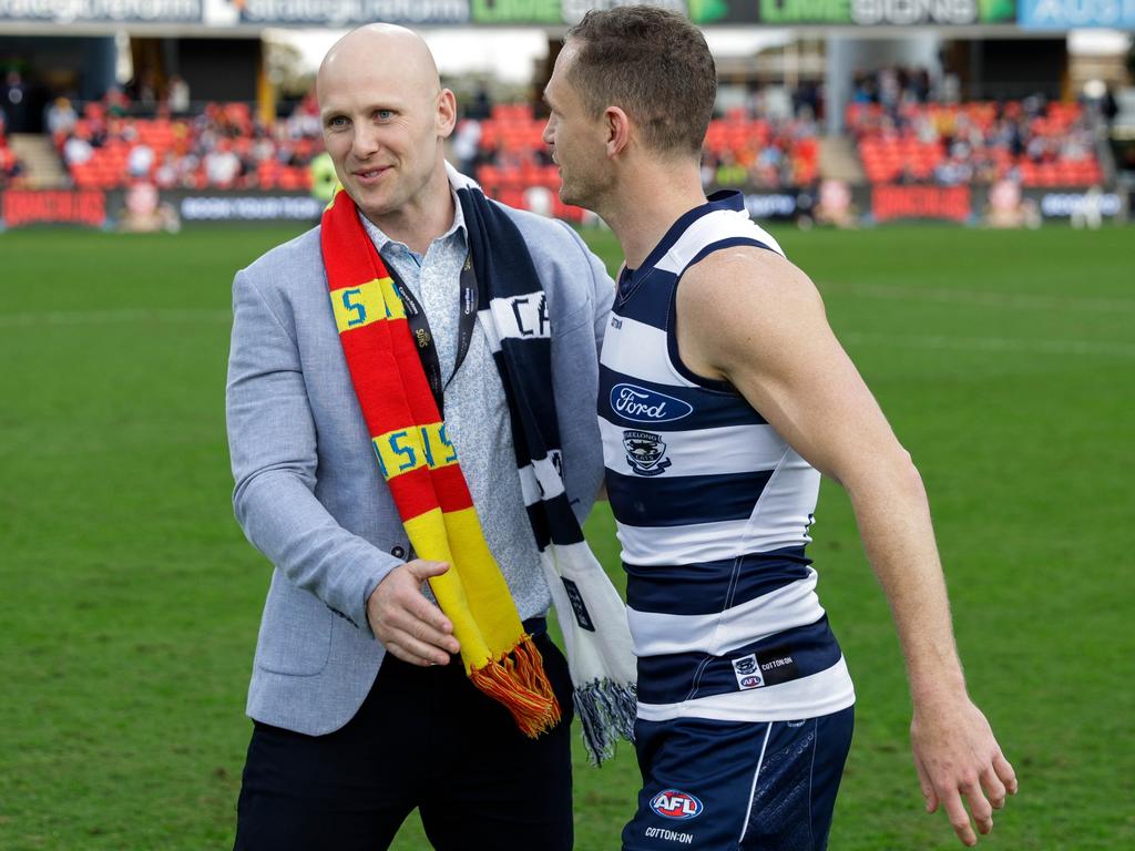 Gary Ablett Jr, with former Geelong captain Joel Selwood, will play for Palmerston on November 18. Picture: Russell Freeman/AFL Photos via Getty Images.