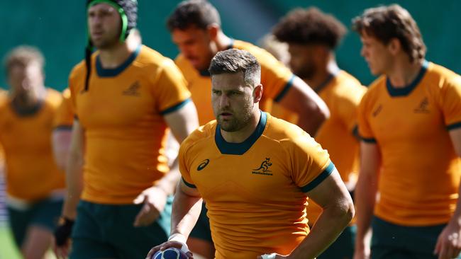 SAINT-ETIENNE, FRANCE - SEPTEMBER 16: David Porecki and  the Wallabies ahead of their Rugby World Cup France 2023 match against Fiji at Stade Geoffroy-Guichard on September 16, 2023 in Saint-Etienne, France. (Photo by Chris Hyde/Getty Images)