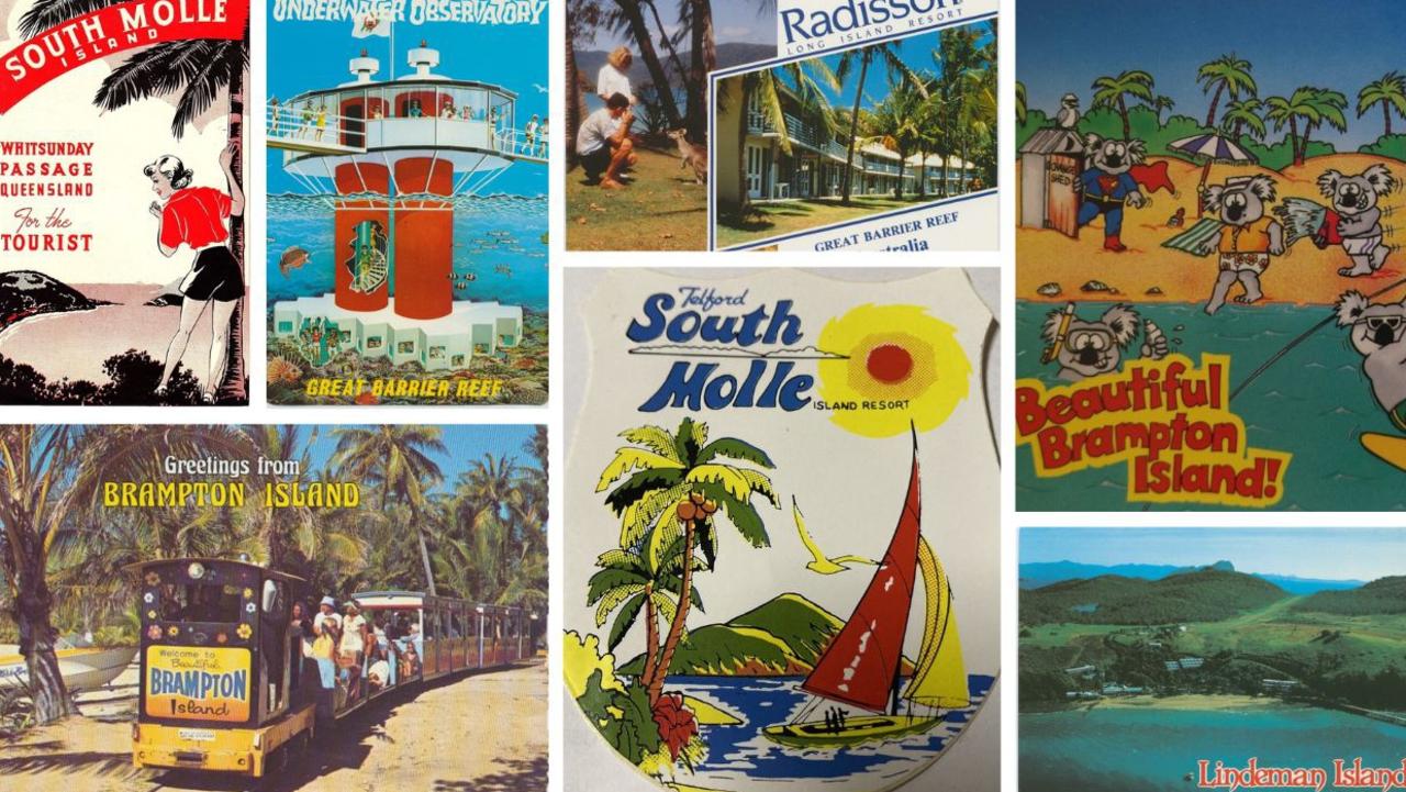 The now-abandoned resorts on Brampton, Lindeman, Hook, Long, and South Molle Islands were once thriving as these retro advertisements show. Pictures: Centre for the Government of Queensland; eBay