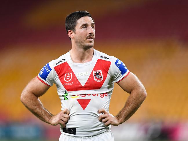 BRISBANE, AUSTRALIA - AUGUST 01: In this handout image provided by NRL Photos Ben Hunt of the Dragons looks on during the round 20 NRL match between the St George Illawarra Dragons and the South Sydney Rabbitohs at Browne Park, on August 01, 2021, in Brisbane, Australia. (Photo by Handout/NRL Photos via Getty Images )