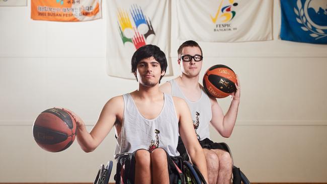 Wheelchair basketballers Fernando Grez Montiel and Nathan Simpson participate in DRSSA’s program at Hampstead Rehabilitation Centre. Picture: Matt Loxton