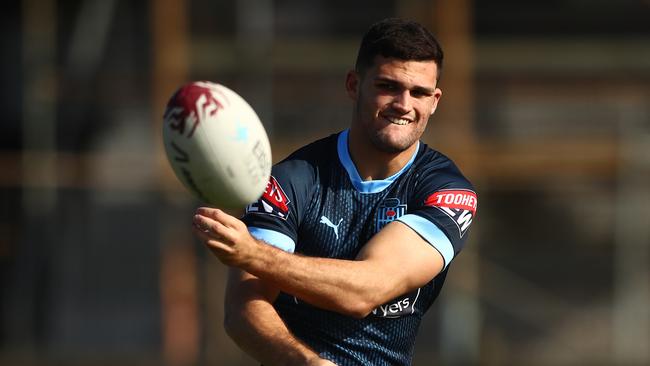 GOLD COAST, AUSTRALIA – JUNE 22: Nathan Cleary passes during a New South Wales Blues State of Origin training session at Ned Byrne Field on June 22, 2021 in Gold Coast, Australia. (Photo by Chris Hyde/Getty Images)