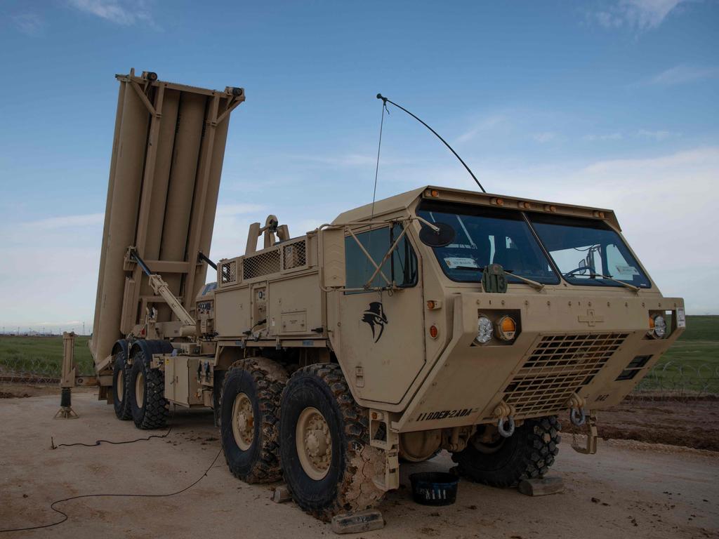 A US Army Terminal High Altitude Area Defense (THAAD) launching station sits at the ready in Israel as the Pentagon steps up readiness. Picture: AFP