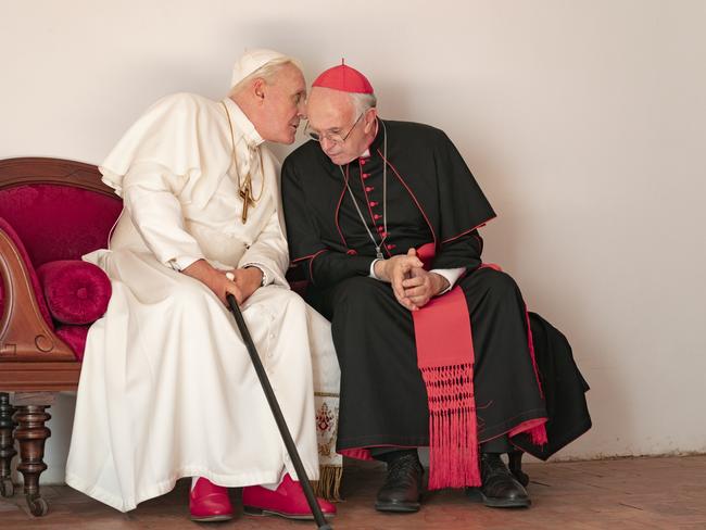 Anthony Hopkins and Jonathan Pryce in a scene from the Netflix drama The Two Popes.