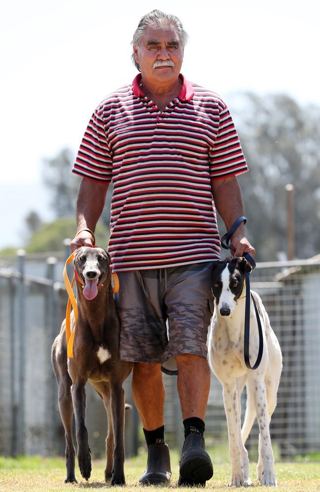 Mr Bell with two of his dogs Bell and Mack. The board has been considering the move for some time and has refused new membership to greyhound owners for the past 12 months. Picture: Jonathan Ng