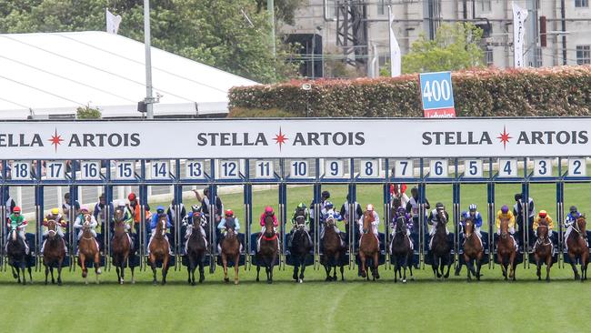 The field jumps in the 2019 Caulfield Cup. Picture: Tim Carrafa