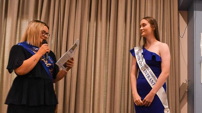Left: 2021 Young Woman of the Year and North Coast National Showgirl Jenna Fisher interviewing Goonellabah candidate Caitlin Standford at the East Lismore Bowling Club for the 2022 showgirl competition. Picture: Cath Piltz