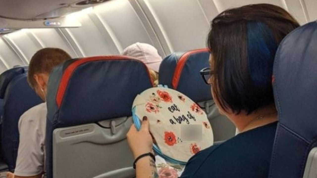 Photo Of Woman Sewing X Rated Message On Plane Mid Flight Goes Viral News Com Au Australias