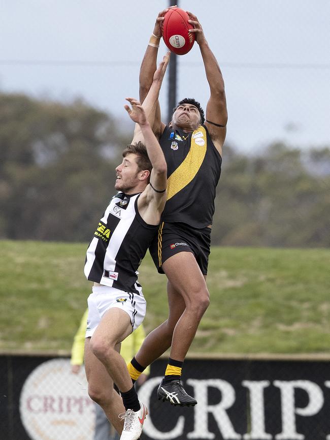 TSL, Tigers Elijah Reardon marks over Glenorchy Adam Roberts at Kingston. Picture: Chris Kidd