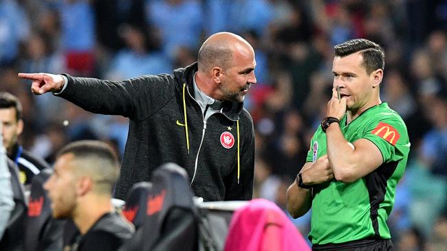 Wanderers head coach Markus Babbel reacts to the VAR during the Round 2 A-League match between Sydney FC and Western Sydney Wanderers at Sydney Cricket Ground on Saturday. Picture: AAP