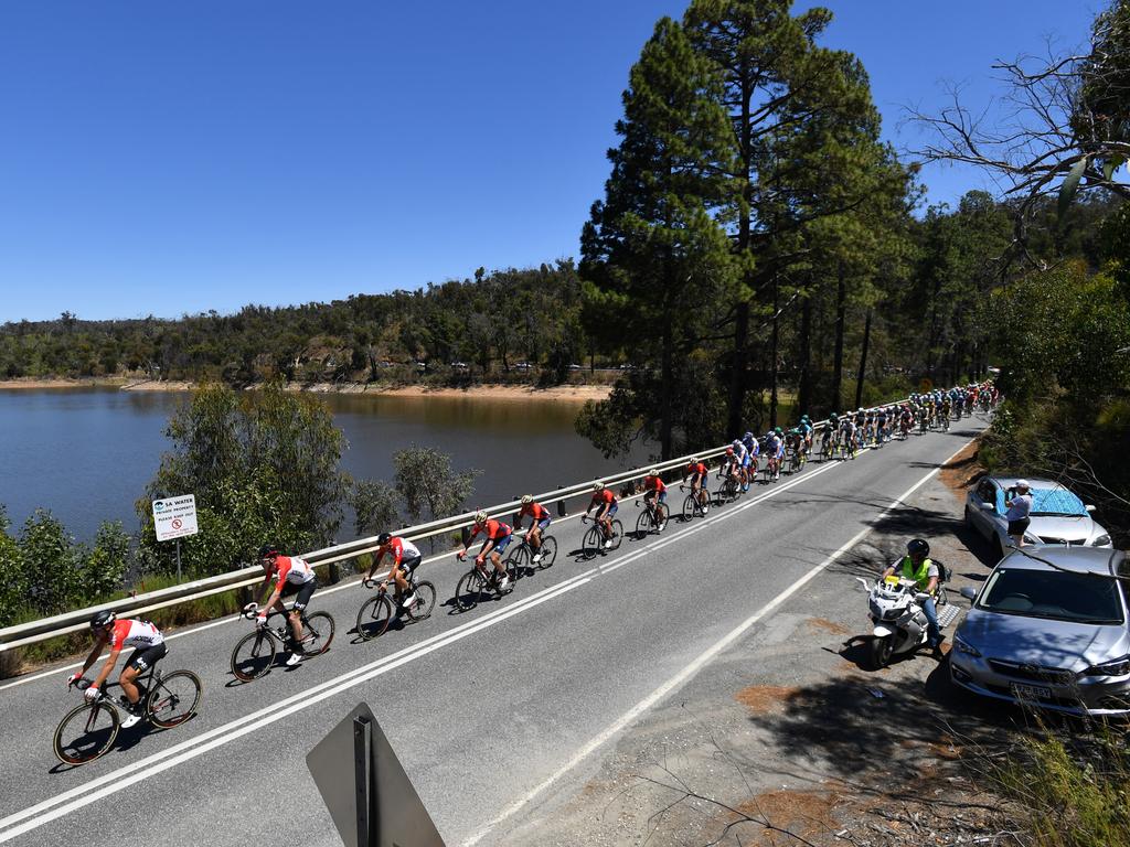 The peloton during stage two of the Tour Down Under from Unley to Stirling in the Adelaide Hills. Picture: AAP / David Mariuz