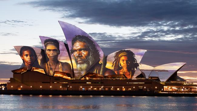 The sails of the Sydney Opera House are illuminated by a projection of artwork by Indigenous artist Brett Leavy on January 26, 2024 in Sydney, Australia. Picture: Getty