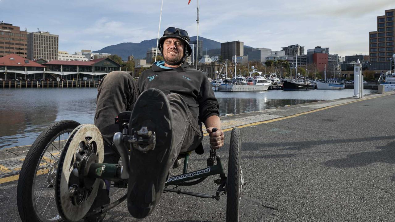 Lenny Deacon at Hobart waterfront is a former sheep shearer who is cycling around Australia to raise awareness for mental health. Picture: Caroline Tan